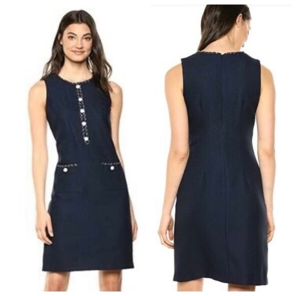 Karl Lagerfeld Dresses & Skirts - Karl Lagerfeld Paris navy Tweed Mini shift Dress Pearl Chain Sz 6